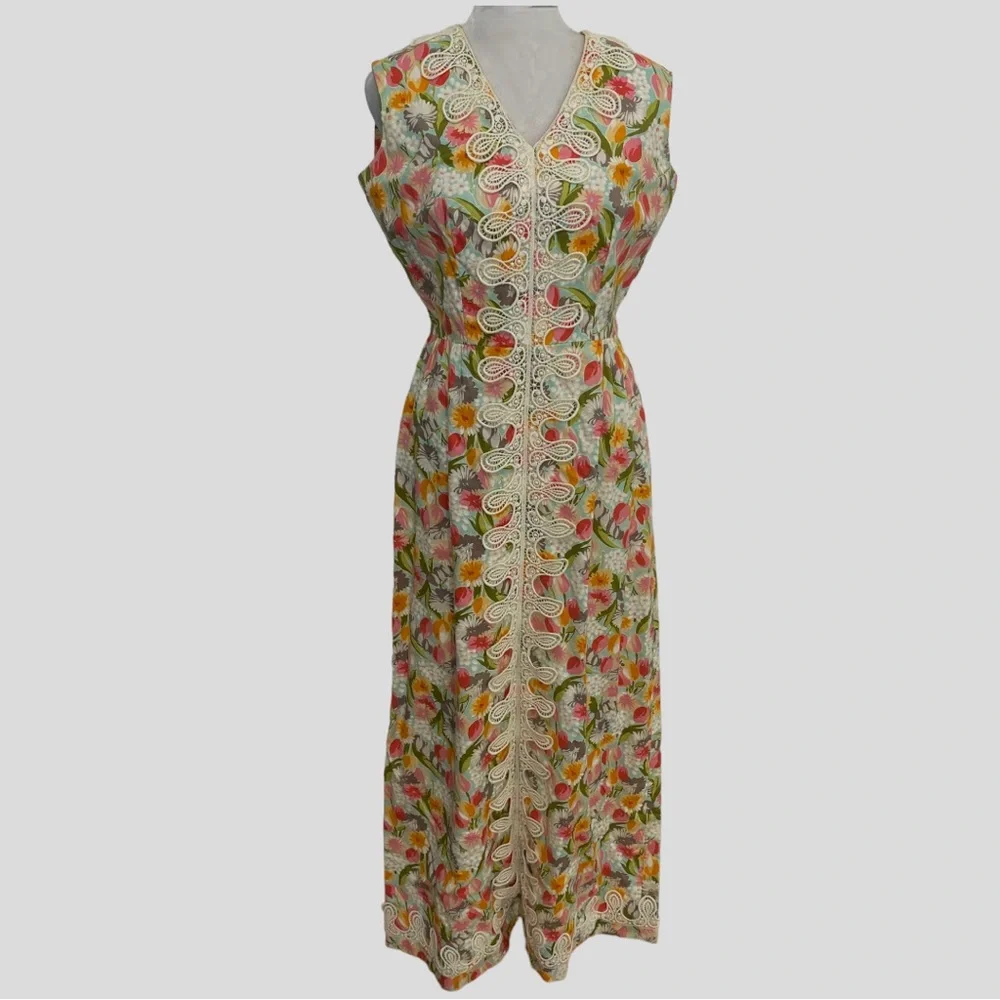 Vintage 60s Multicolor Floral Appliqué Maxi Dress Small - Picture 7 of 7